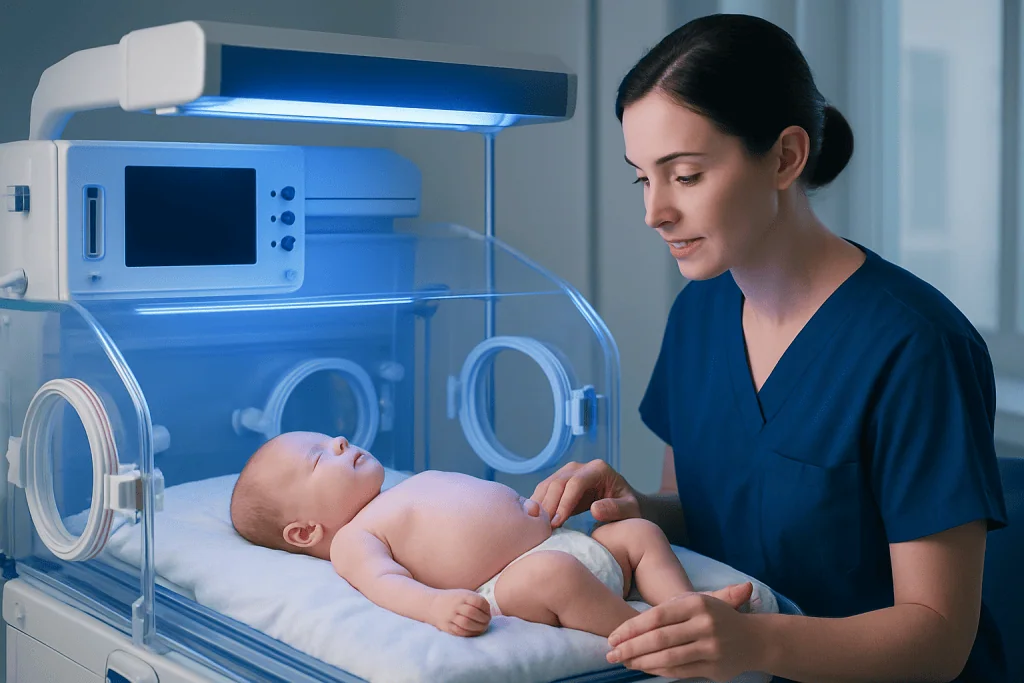 Neonatal nurse monitoring a jaundiced newborn in incubator at hospital.