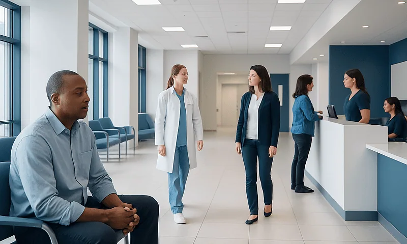 Patients and staff in a modern hospital waiting area and reception.