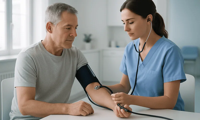 Healthcare professional measuring blood pressure of a senior man in clinic.