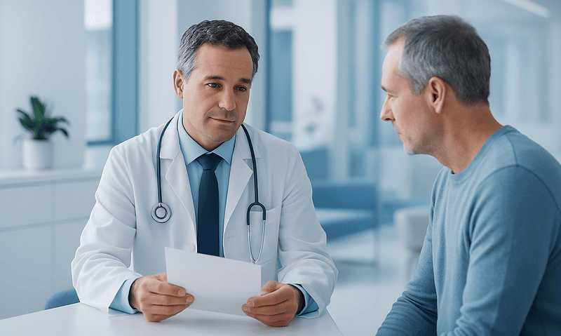 Doctor consulting with a patient in a modern hospital setting.