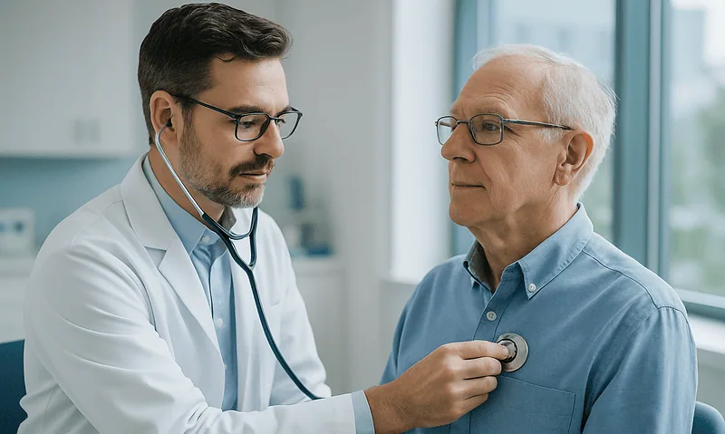 Doctor examining an elderly male patient with a stethoscope in a clinic setting.