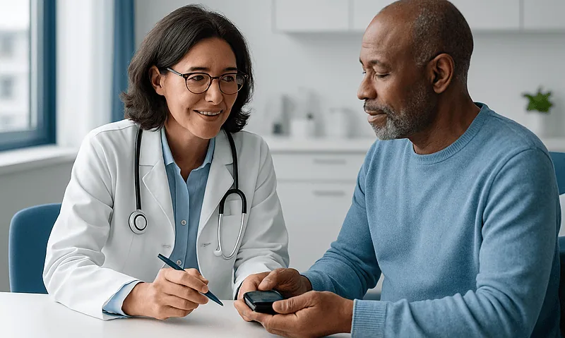 Doctor consulting with patient about health in a modern clinic setting.