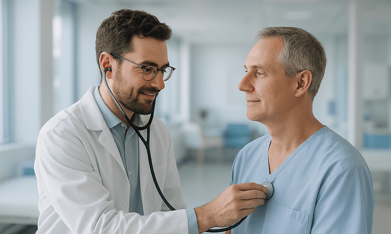 Doctor checking patient's heart with stethoscope in hospital setting.