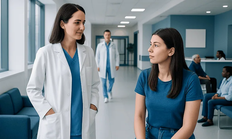 Doctor talking to a patient in a hospital corridor.