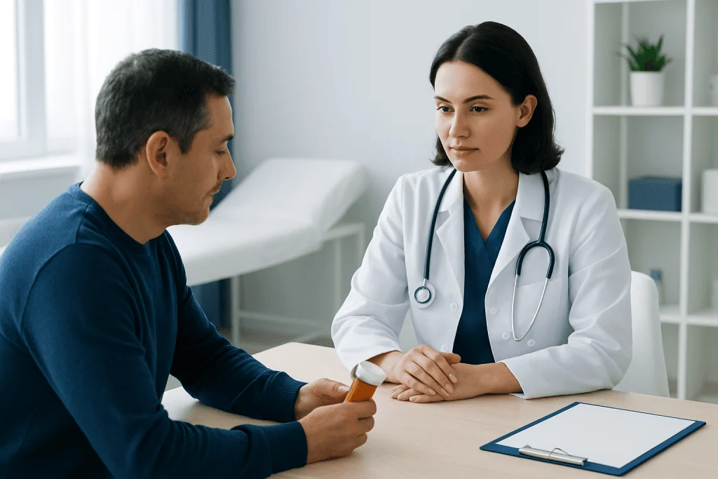 Doctor consulting with patient about medication side effects in clinic.