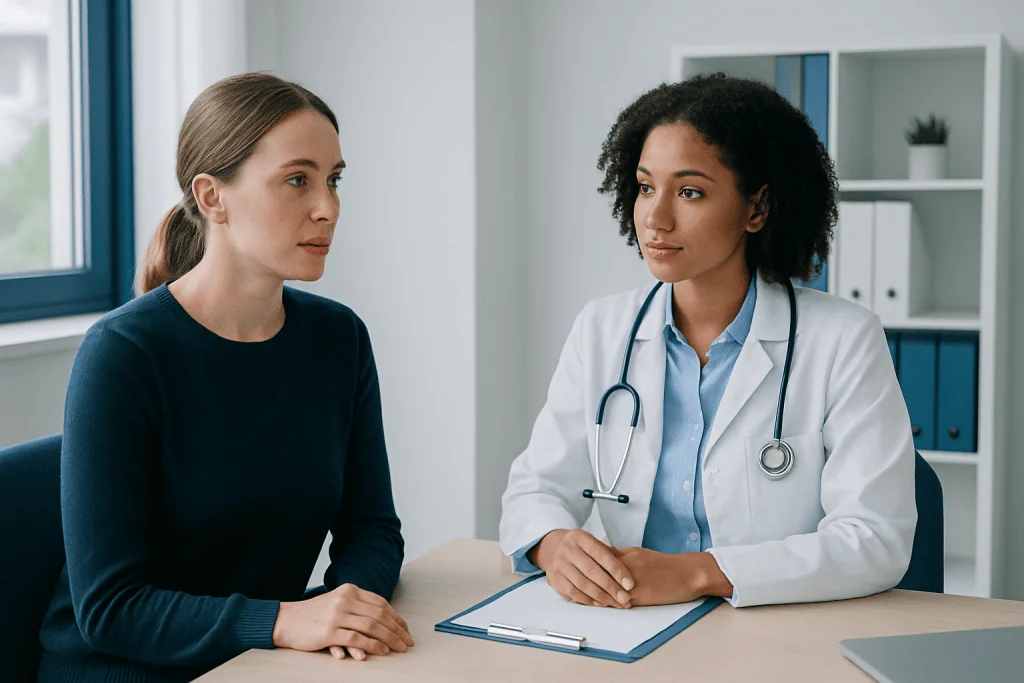 Doctor consulting with a patient in a medical office setting.