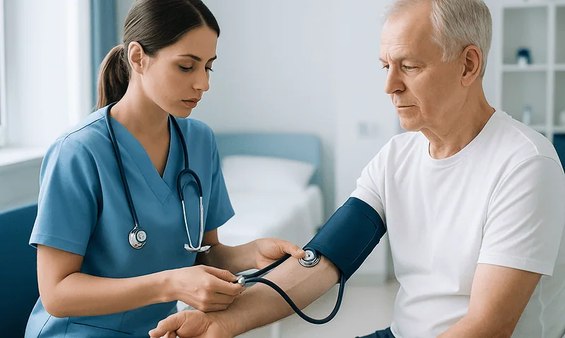 Nurse measuring blood pressure of an elderly man in a clinical setting.