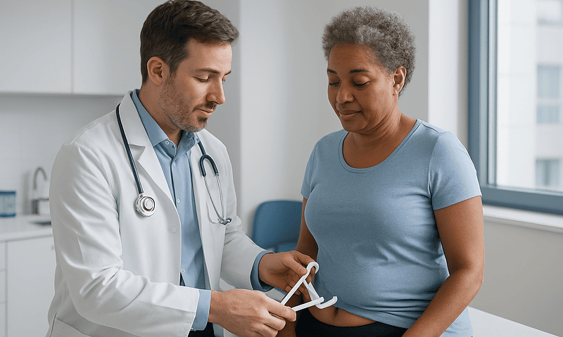 Doctor measuring woman's waist for body fat assessment at clinic.