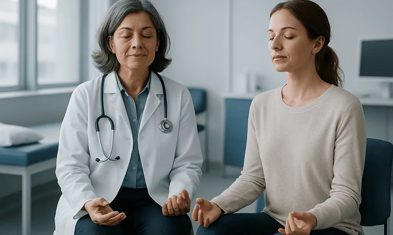 Doctor and patient practicing meditation in a clinical setting.