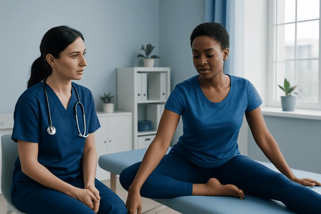 Medical professional assisting patient with inner thigh stretch exercise.