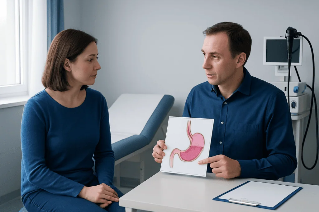 Doctor explaining endoscopy procedure for Barrett's Esophagus to patient.