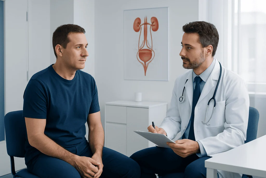 Urologist consulting with male patient in a medical office.