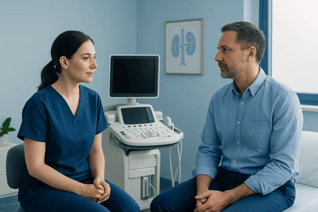 Doctor and patient having consultation in a medical office.
