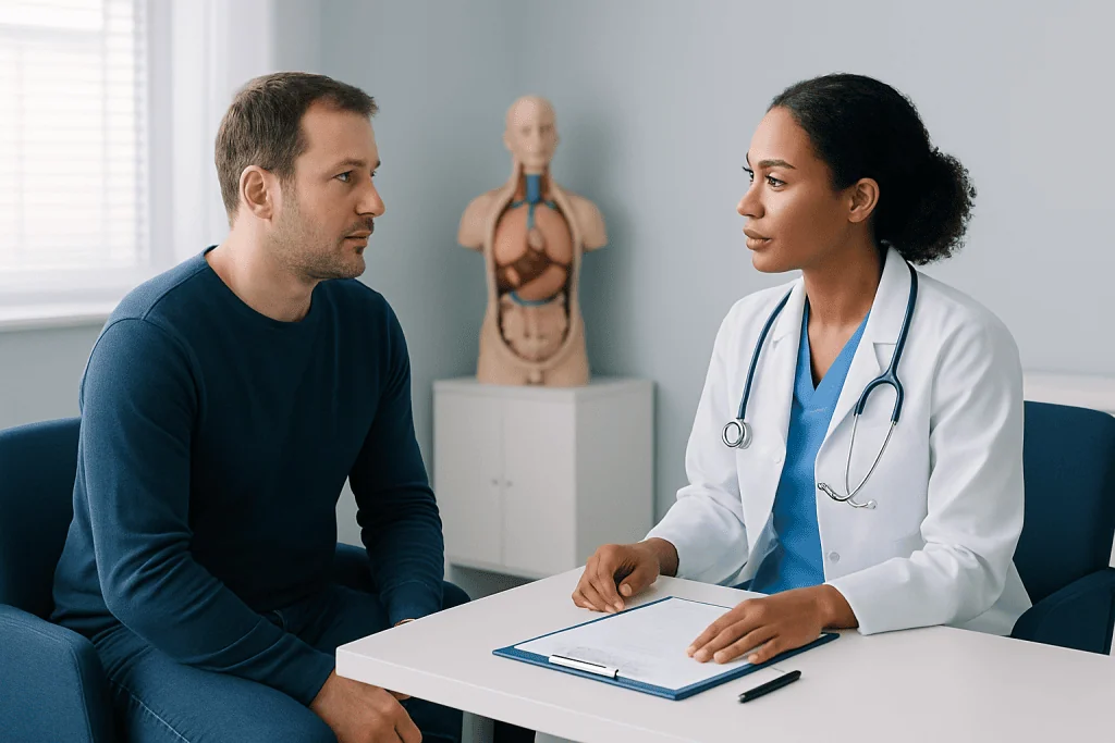 Doctor consulting with male patient in a medical office setting.