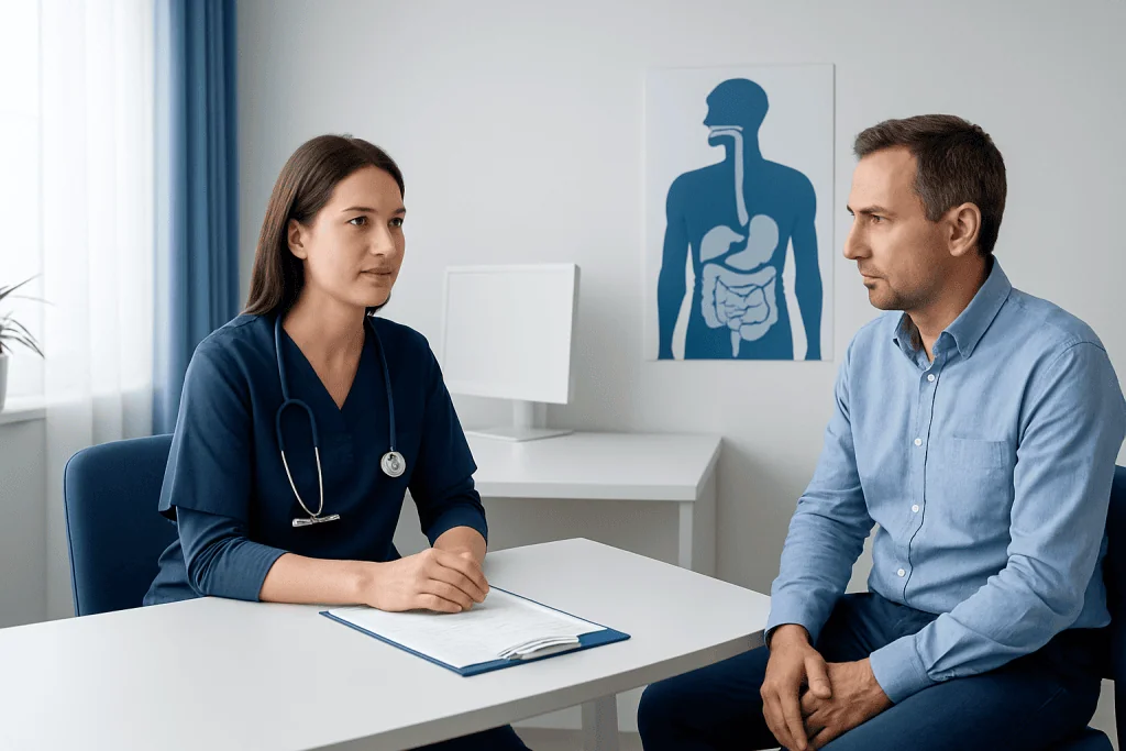 Doctor consulting with patient in a medical office with digestive system diagram.