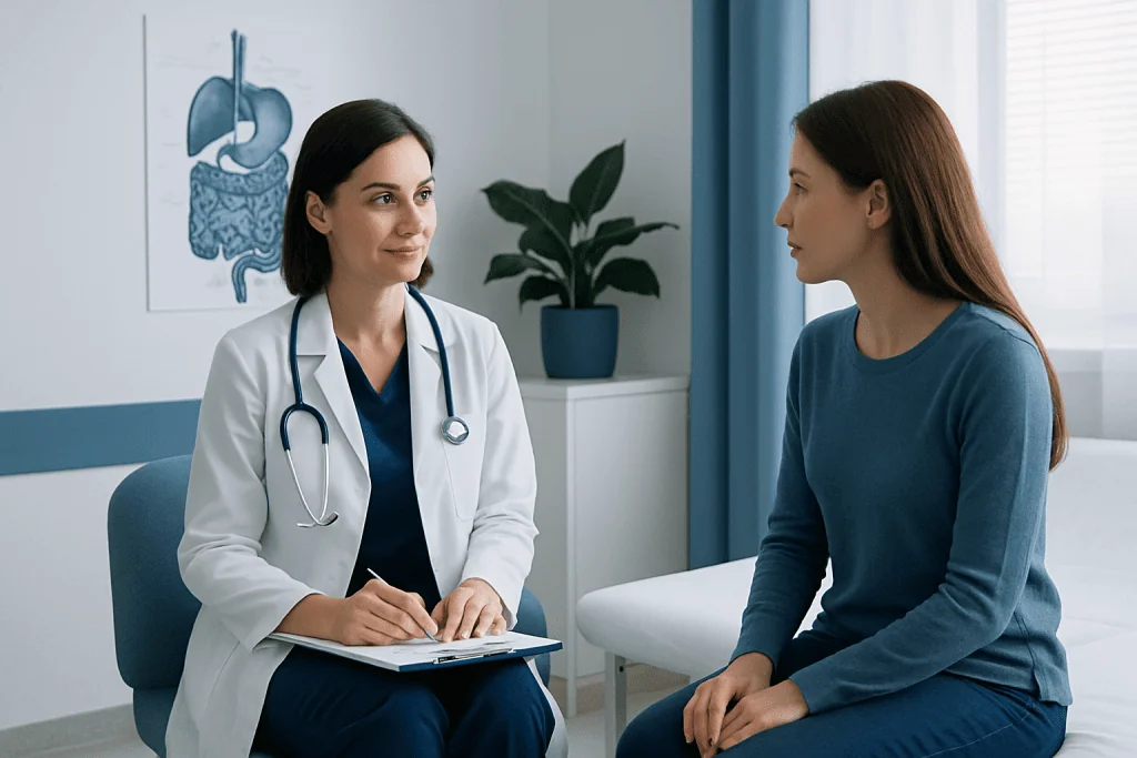 Doctor consulting with patient in a medical office with digestive system diagram.