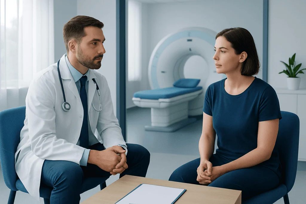 Doctor consulting with a patient in a hospital room with MRI scanner in background.
