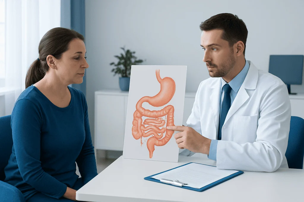 Doctor explaining digestive system to patient in consultation room.