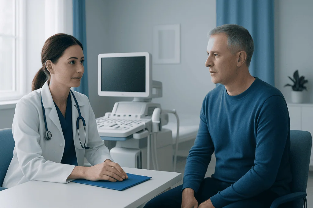Doctor consulting with patient in a medical office setting.