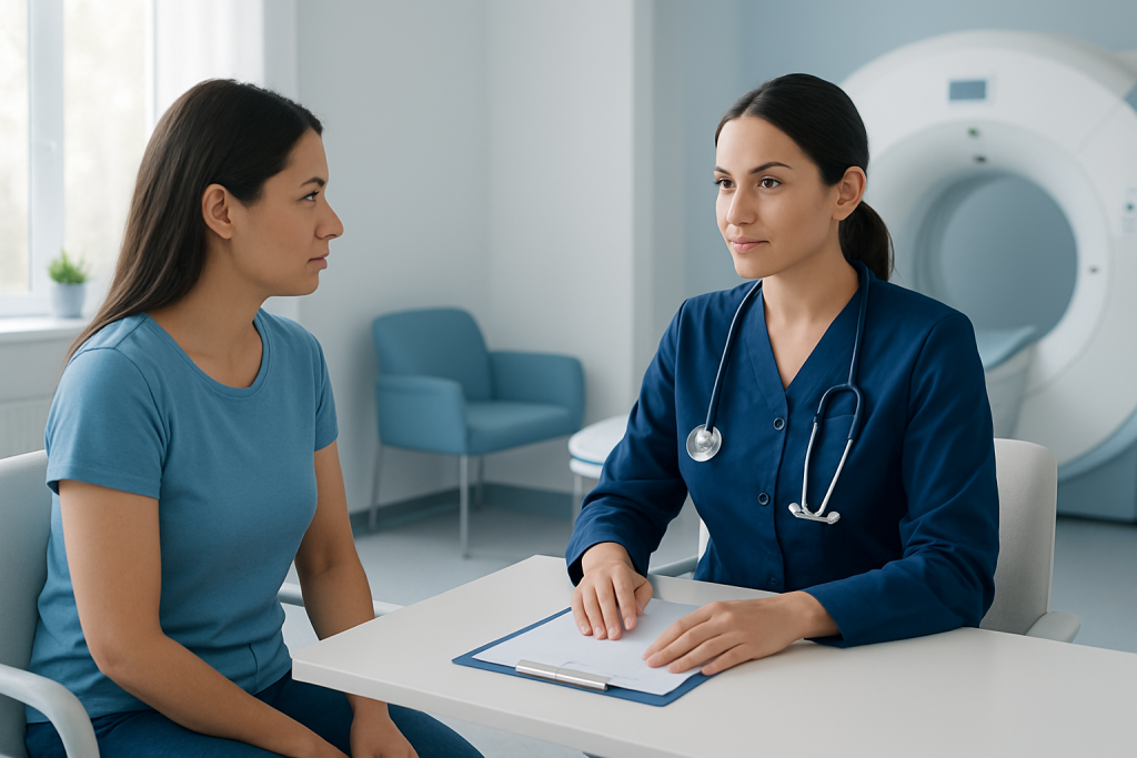 Doctor consulting with patient in MRI clinic at Acibadem Hospital.
