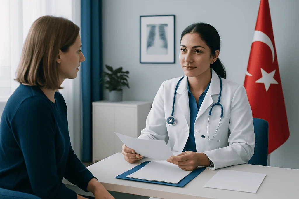 Doctor consulting with a patient in a medical office with Turkish flag in background.