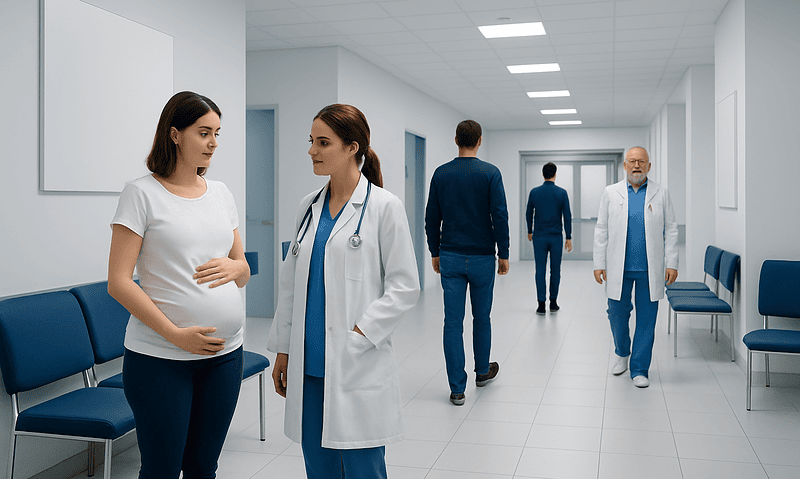 Pregnant woman consulting with a doctor in a hospital corridor.