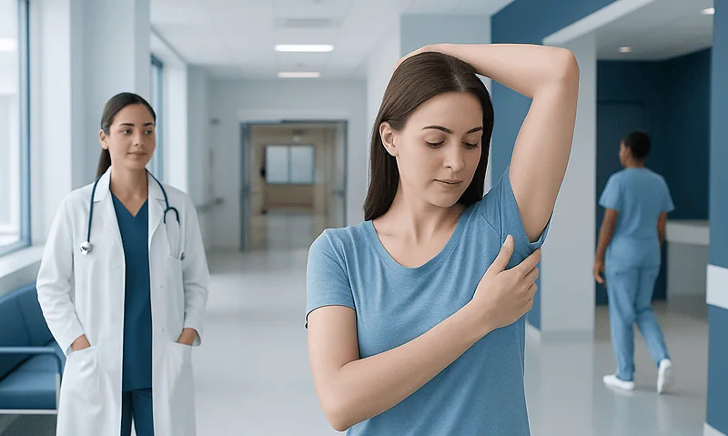 Young woman checking underarm for sweating in hospital corridor.