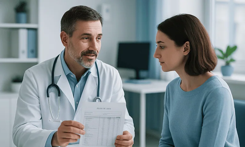 Doctor explaining blood test results to a patient in a medical office.
