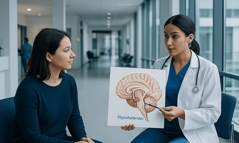 Doctor explaining hypothalamus diagram to patient in hospital corridor.