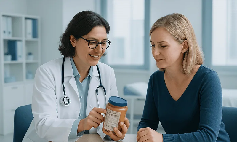 Doctor explaining nutrition label to patient in a clinic setting.