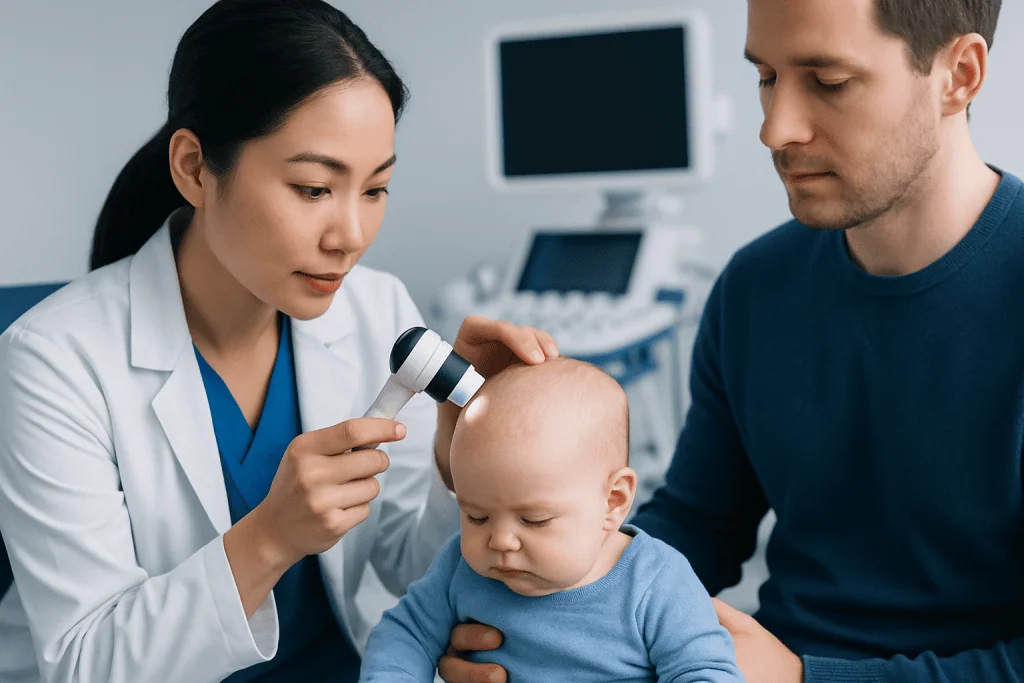 Pediatrician examining baby's scalp with a dermatoscope in a clinic setting.