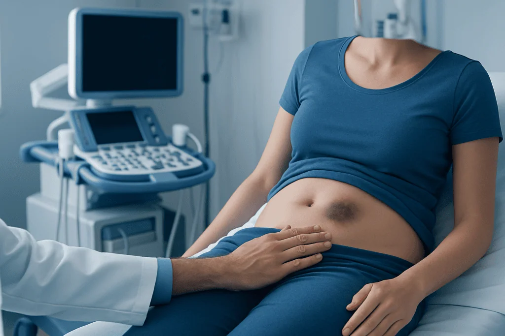 Patient undergoing abdominal examination in a hospital setting.