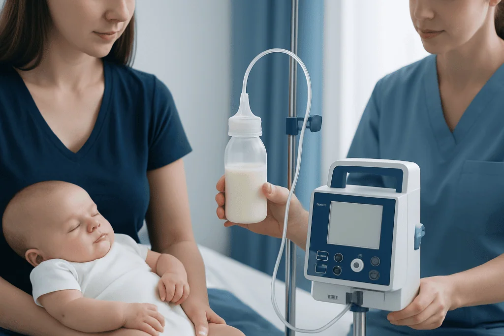 Infant receiving formula milk in hospital setting with healthcare professionals.