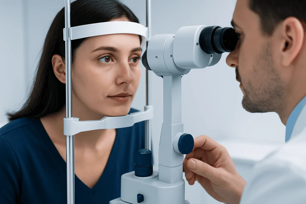 Ophthalmologist examining a patient's eye with a slit lamp microscope.