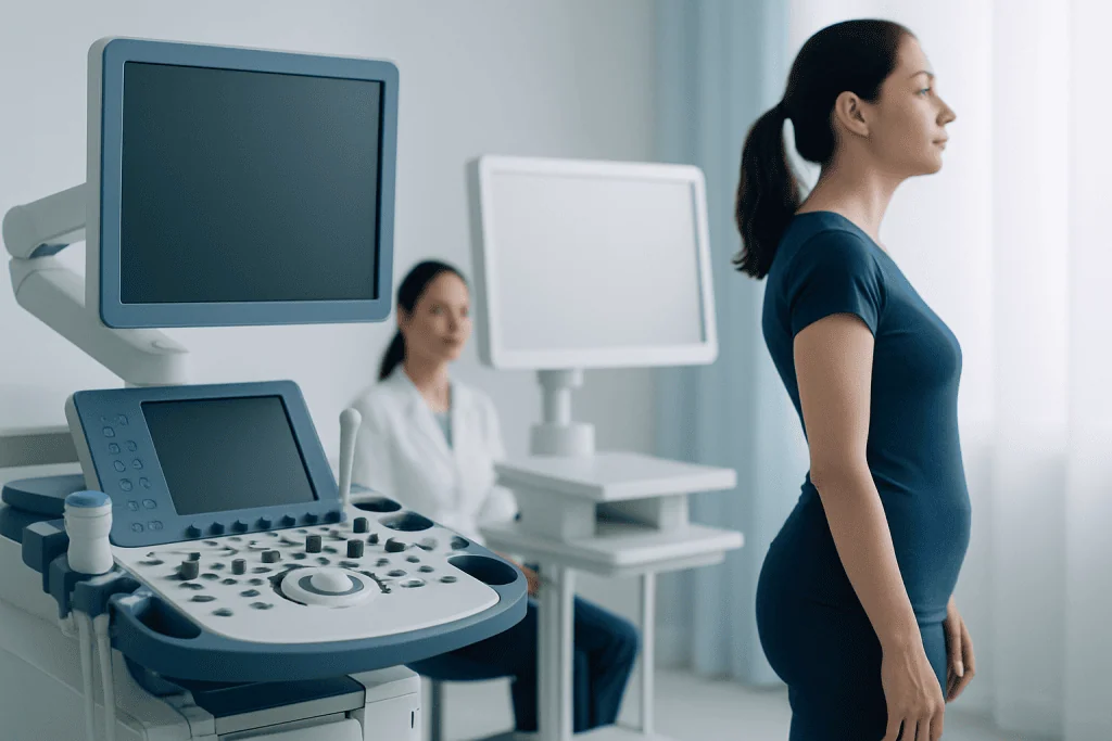 Patient undergoing an ultrasound examination for back posture assessment at Acibadem Hospital.