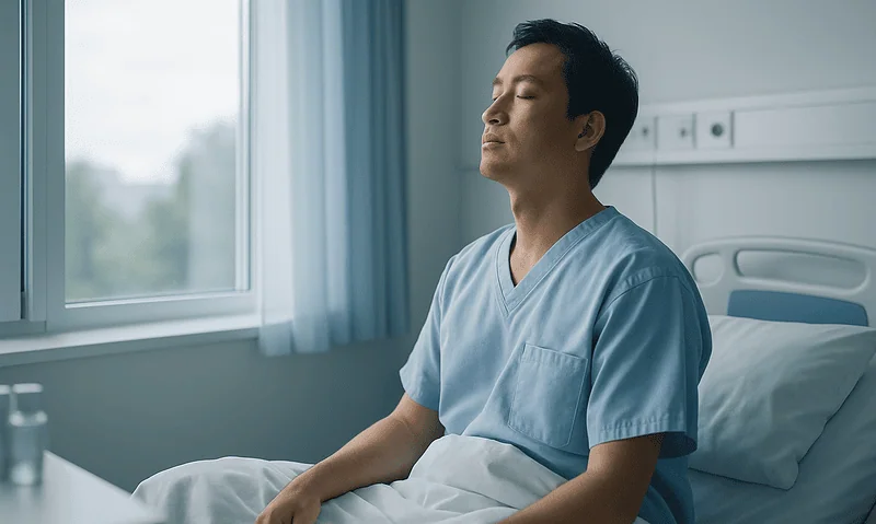 Male patient meditating in hospital room for stress relief and relaxation.