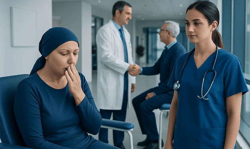 Healthcare professionals and patient in a hospital setting.