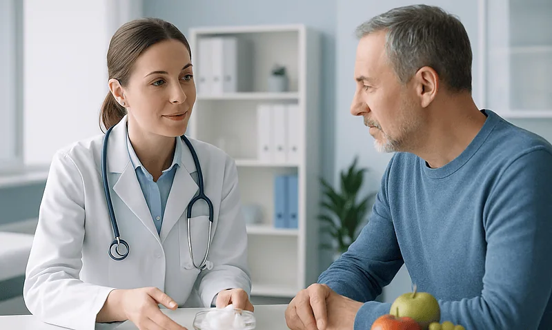 Doctor consulting with a patient about healthy eating and sugar reduction.
