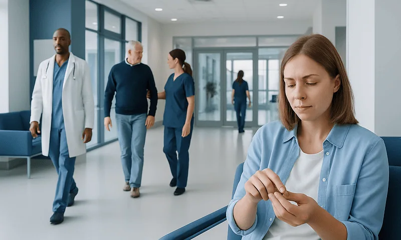 Young woman waiting in hospital corridor looking at her watch.