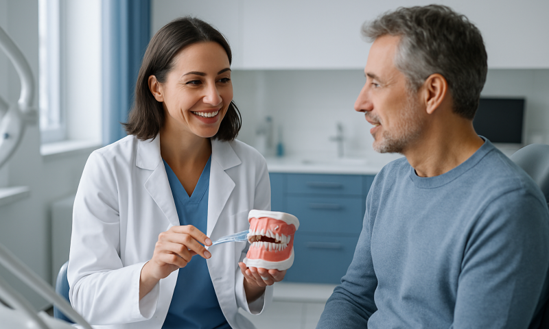 Dentist explaining dental plaque removal to a patient using a model of teeth.