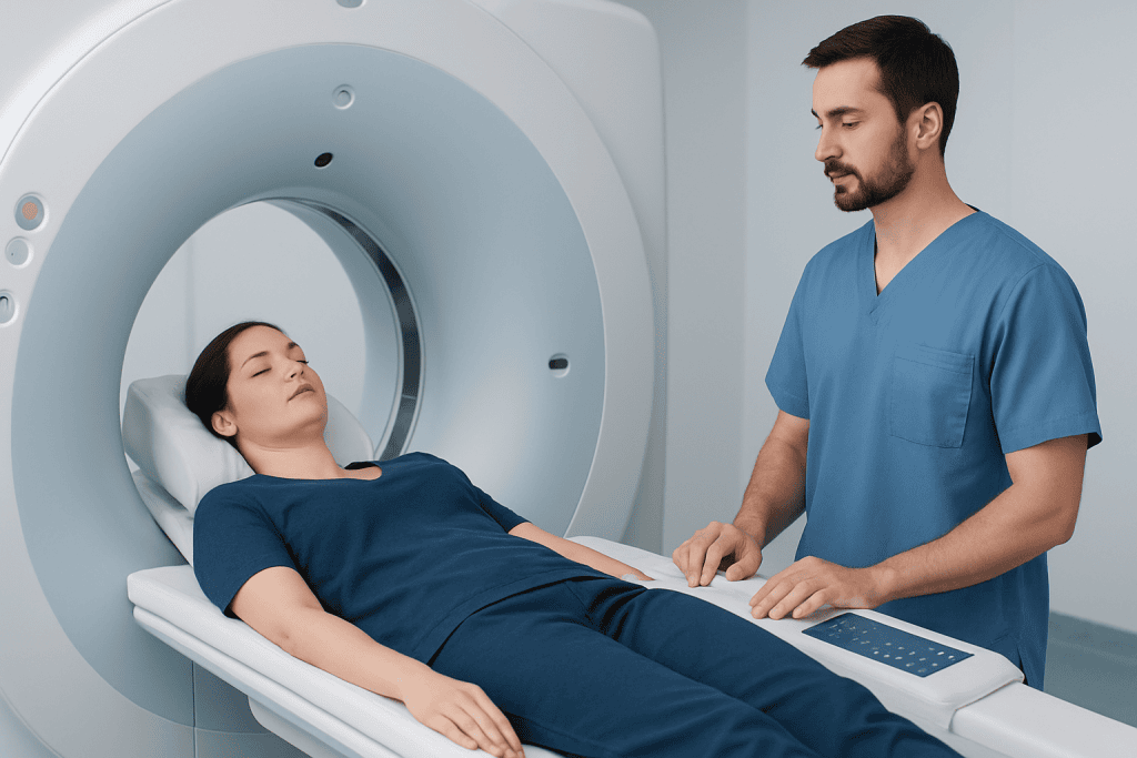 Patient undergoing CT scan in a modern medical facility.