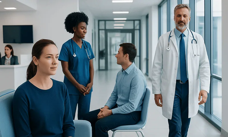 Medical consultation in a modern hospital with diverse healthcare professionals.