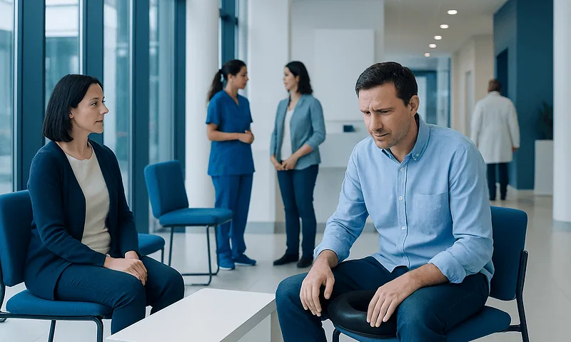 Patient consulting with doctor in hospital waiting area.