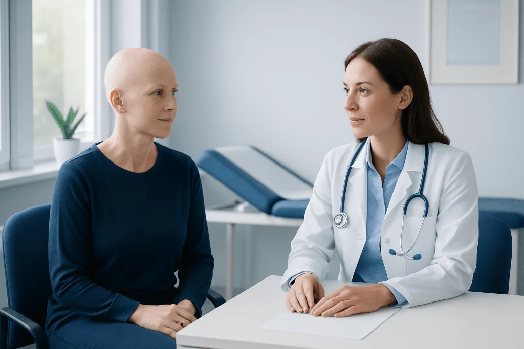 Oncologist consulting a patient in a medical office setting.