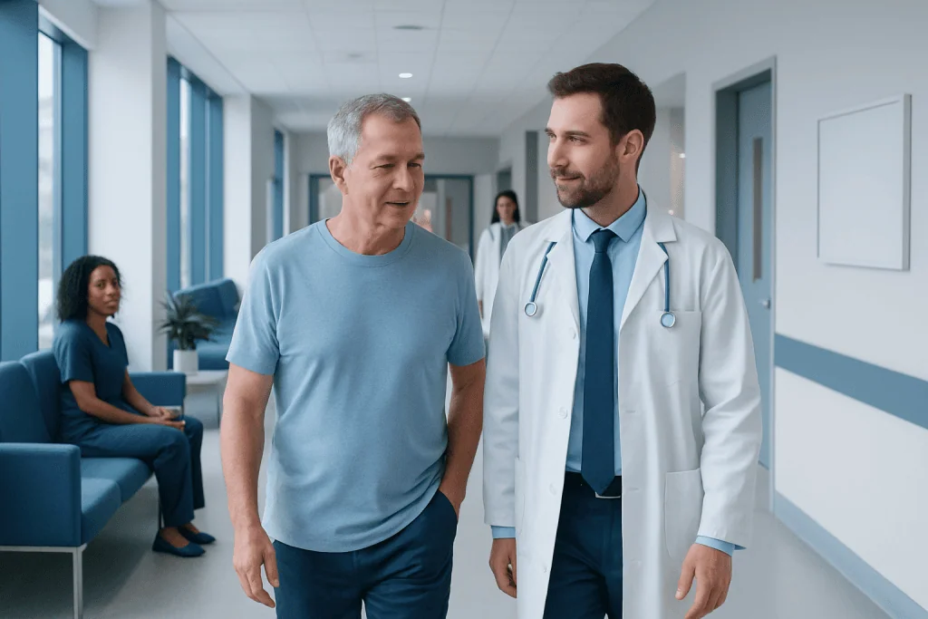 How to Speed Up Nerve Regeneration after Prostate Surgery: Procedure, Recovery and Results 1 Doctor talking to a senior male patient in hospital corridor.