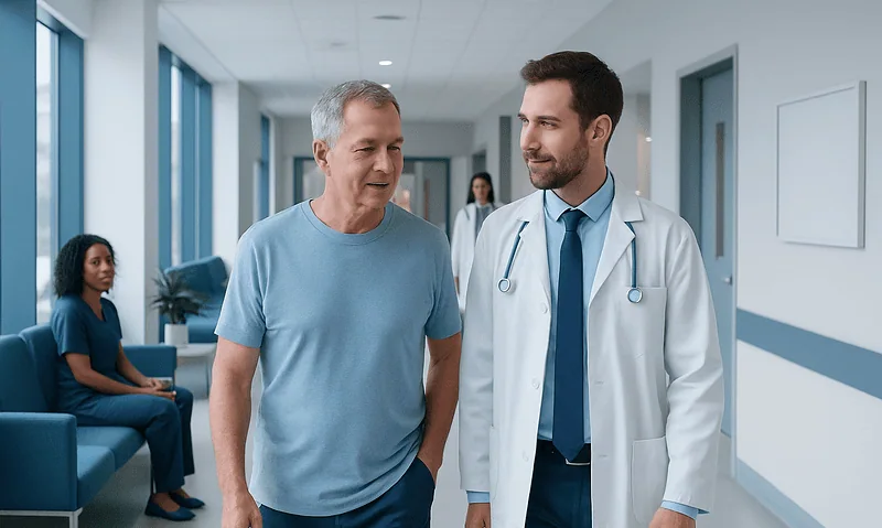 Doctor talking to a senior male patient in hospital corridor.