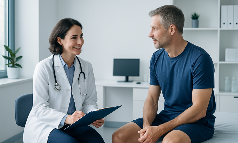 Doctor consulting with male patient in a medical office.