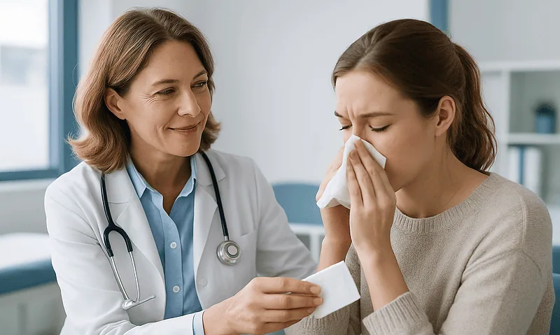 Doctor giving tissue to woman with runny nose in clinic setting.