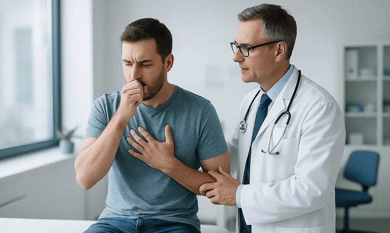 Doctor examining a patient with hiccups in a medical office.
