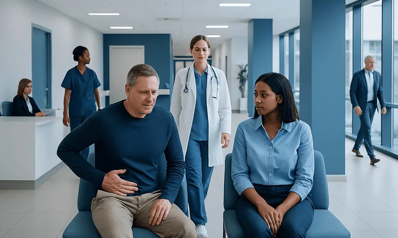 Patient experiencing abdominal pain in a hospital waiting area.
